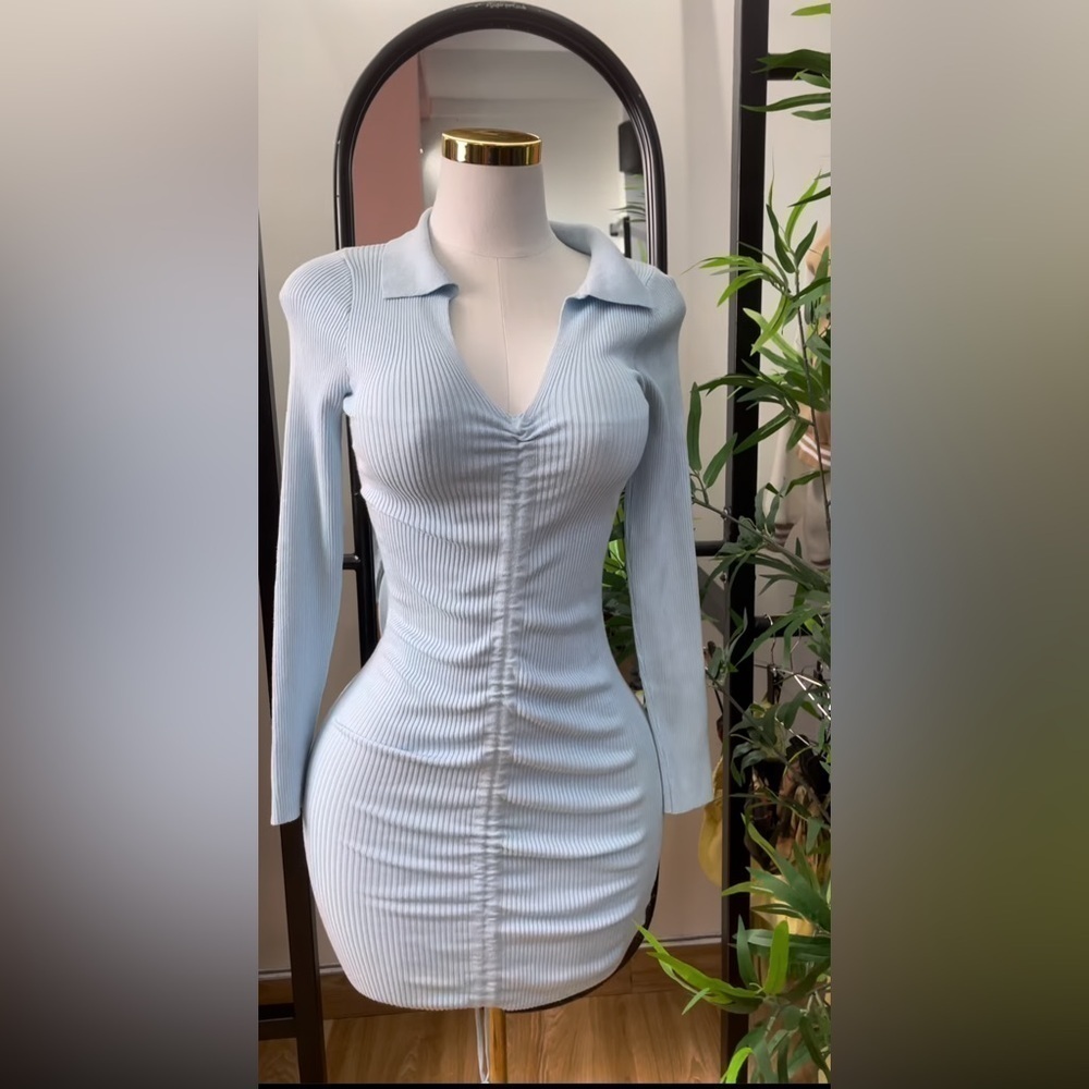 💙 Princess Polly Light Blue Collared Ruched Bodycon Mini Dress (Size XS/S) - Picture 2 of 6